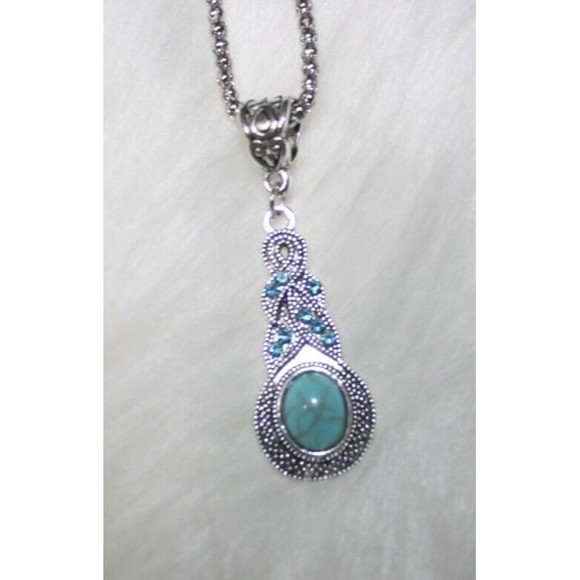 Vintage Look Women's Necklace & Earring Set Turquoise Silver Filigree Dangle NWT - Picture 4 of 4